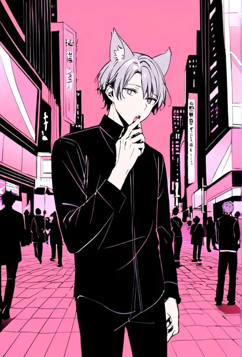 Anime-style young man dressed in black and gray. on a Pink Background, Men&#39;s Center, One boy, Animal ears, alone, shirt, Pink Background, collar, black shirt, Simple Background, jewelry, Gray Hair, Hold your mouth,short hair、whole body、Times Square at ...