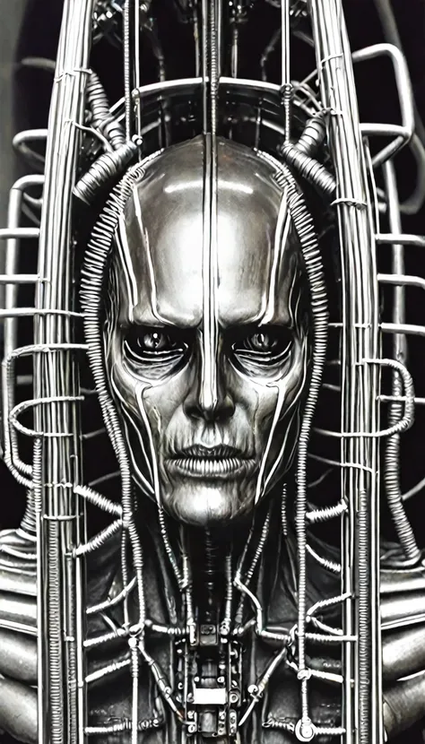 Nine Inch Nails, exaggerated hardware, industrial vibe, H.R. Giger, (hyperrealistic facial features:1.3)