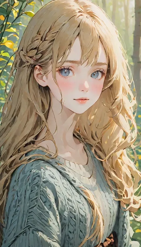 (Highest quality, masterpiece, whole body),1, line-art, tender girl, thin and narrow and long eyes, very thin face, rough-drawn eyes, very long face, extremely fluffy and curly and dense and loose flaxen long hair, sweater with stripes, low-gauge sweater, ...