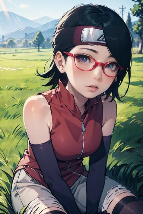 (sarada uchiha,short hair,black hair,glasses),full body picture unreal engine 5 8k uhd of beautiful girl, green japanese style l...