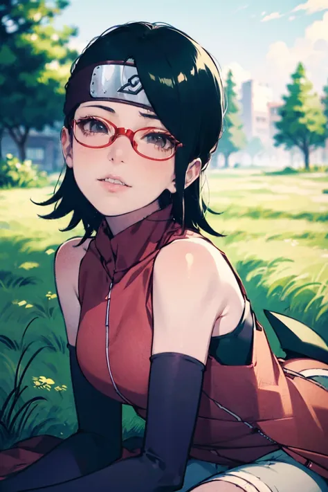 (sarada uchiha,short hair,black hair,glasses),full body picture unreal engine 5 8k uhd of beautiful girl, green japanese style l...