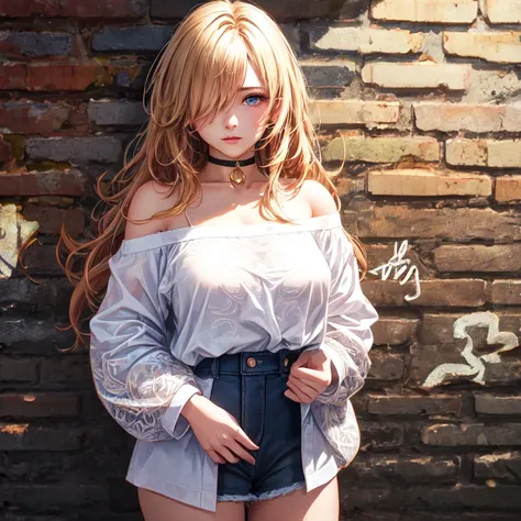 ultra realistic 8k cg, masterpiece, ((ultra detailed background, delicate pattern, intricate detail)), best quality, intricate details, chromatic aberration, 1girl, long hair, golden hair, messy hair, red highlights, hair over one eye, sharp eyes, choker, ...