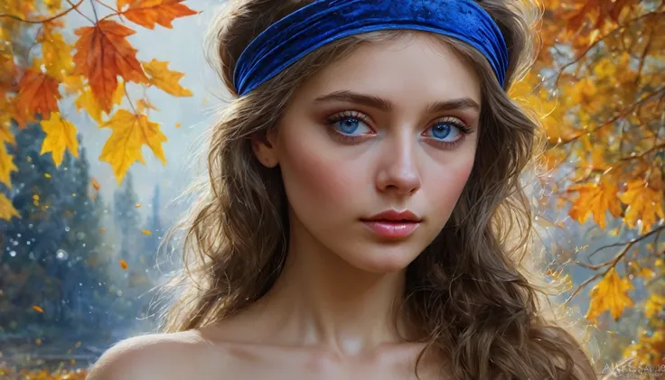 (8k, Highest quality, masterpiece: 1.2), (Highest quality: 1.0), (Ultra-high resolution: 1.0), watercolor, Beautiful woman, (Sparkling Eyes,Blue Eyes),shoulder, head band, Agnes Cecil, Bust, Super bright design, pastel colour, Autumn Light, Moody Gray, Rou...