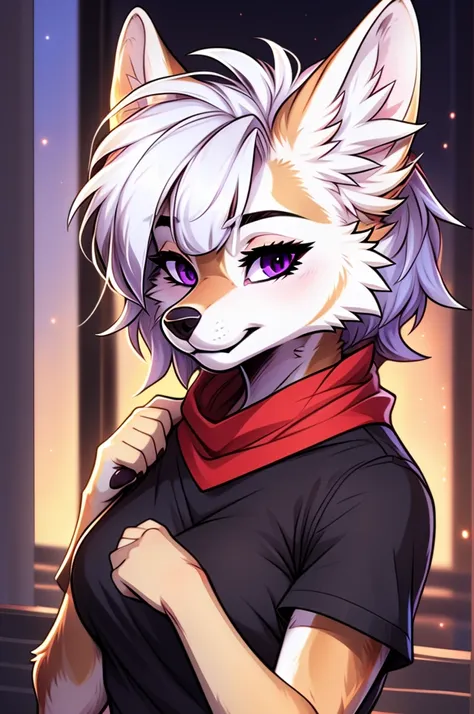 cel shading, detailed eyes, best quality, highly detailed, masterpiece, best quality, solo female, white wolf fursona, purple ey...