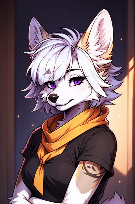 cel shading, detailed eyes, best quality, highly detailed, masterpiece, best quality, solo female, white wolf fursona, purple ey...