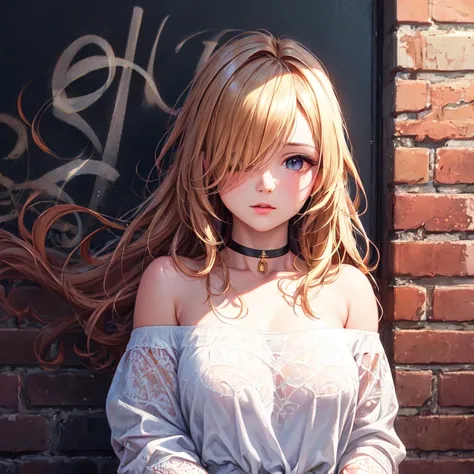 ultra realistic 8k cg, masterpiece, ((ultra detailed background, delicate pattern, intricate detail)), best quality, intricate details, chromatic aberration, 1girl, long hair, golden hair, messy hair, red highlights, hair over one eye, sharp eyes, choker, ...