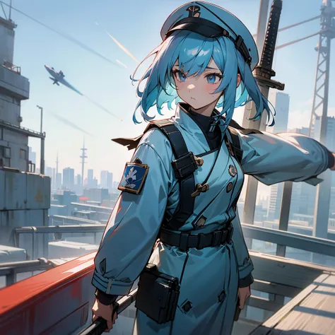 faded blue hair　{blue noah from space battleship yamato} girl　military cap(white) whiteと黒の軍服　endless city background　sunny　cool　...