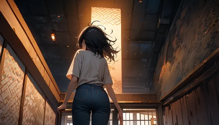 (((from behind))), (((whole body))), (((Rooftop))), ((8k of extremely detailed CG unit, Masterpiece, high resolution, highest quality, highest quality real texture skin)), (((indirect lighting))),  (((Cafe with a calm atmosphere))), (((Japanese pattern wal...