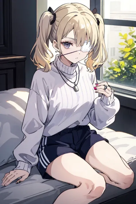 blonde woman with pigtails, one light gray eye and a black eye patch, wearing a light blue sweater with sleeves with light purpl...