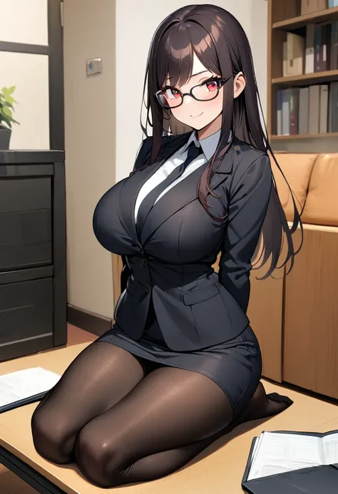 1 girl,black long hair,large breasts,red eyes,business smile,fake smile,wide hips,curvy,glasses,black suit,miniskirt,black pantyhose,seiza,sit in a kneeling position,The folder on the table,living room