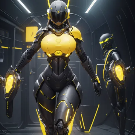 (masterpiece), (best quality), (high res) Solo, (perfect anatomy) Dronificated unknown woman , (enclosed gray full body armor) (yellow lights) (yellow glowing core in the chest), (enclosed cyber helmet), (yellow screen), huge breast, narrow waist, wide hip...