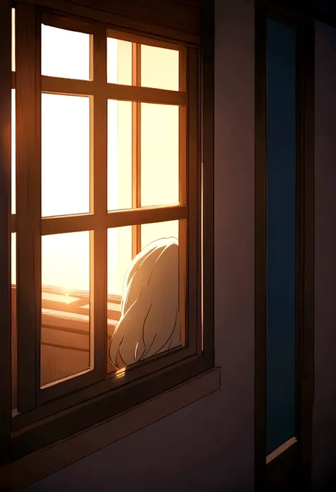 soft lighting, soft light from the window, golden hour sunlight, soft glowing windows, soft window light, studio ghibli sunlight, afternoon sunlight, lofi portrait at a window, watching the sun set. anime, open window ib background, sunset light, realistic...