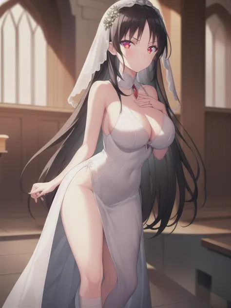 A girl，long hair, Bangs, black hair, Hair between the eyes, (Red eyes:1.5),  (Large Breasts:1.2), 
rest  锁骨, Wedding dress，veil，wedding，White dress，Flowers，Broken skirt，White socks，Tights，White knee socks，
looking at viewer, whole body,
indoors, church，Sta...