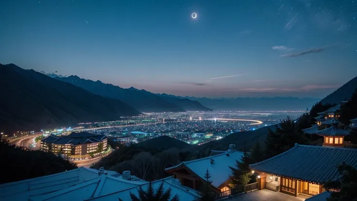 Night view of mountain resort and resort hotel。You can see the moon and the Milky Way