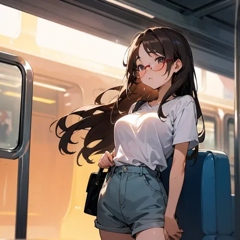 A realm of unparalleled visual fidelity、Experience 8K masterpieces with the highest resolution and finest detail。on the train。A crowded train。Her long brown hair flows down to her shoulders、It highlights her captivating grey eyes that seem to glow with a m...