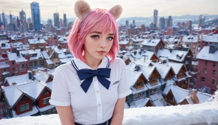 Ski Style, One girl, alone, Pink Hair, Animal ears, blue eyes, wing, View your viewers, bangs, short hair, bow, Sailor collar, white Sailor collar, hair bow, pink bow, Mouth closed, shirt, white shirt, Bear ears, Bobcut, mini wing, Portraiture, detached wi...