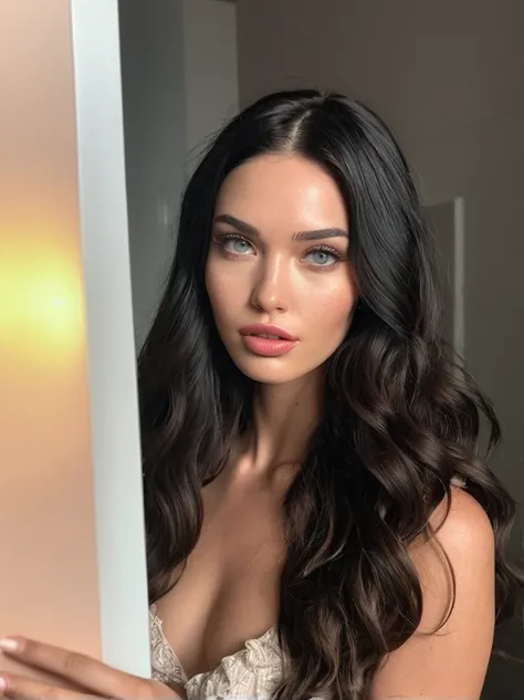 a realistic instagram photo of a [ really beautiful exotic androgynous supermodel 19 year old woman] , with [long, dark  wavy hair] , looks like [Megan FOX] and [Adriana Lima], light makeup, looking [innocent, cute, flushed] , [light] skin --ar 9:16 --styl...