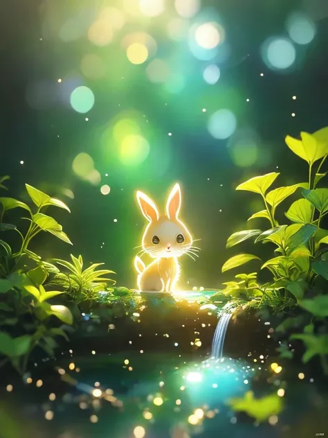 masterpiece, Macro shot of a rabbit drinking water in the forest, night, mushroom, Dew Drops, High contrast, Studio Ghibli style, very complicated, Very detailed, Realistic style、Cute rabbit 、Two Rabbits、A good friend