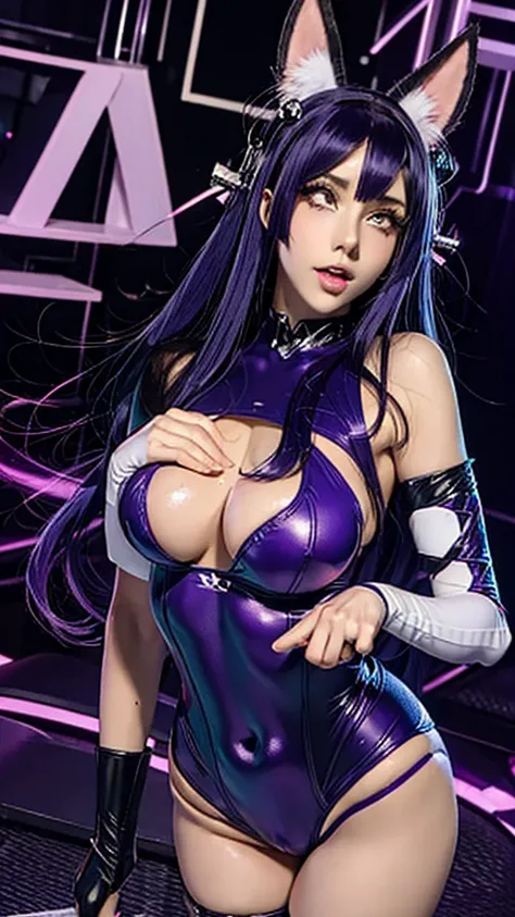 20 year old anime woman, purple hair, purple eyes, thin waist, outfit is tight and shows off her physique. Thigh gap, perfect ass, round ass, athletic physique. (4k) (High definition) (Ultra high resol)