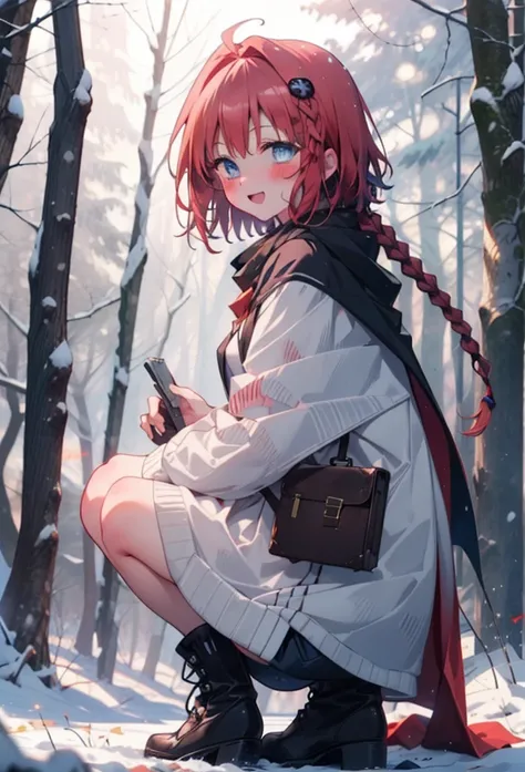 kurosaki mea,Redhead,Long Hair,Long braids,Purple eyes,smile,smile,blush,White Breath,
Open your mouth,snow,Ground bonfire,,Outdoor, boots, snowing, From the side, wood, suitcase, Cape, Blurred, , forest, White handbag, nature,  Squat, Mouth closed, Cape, ...