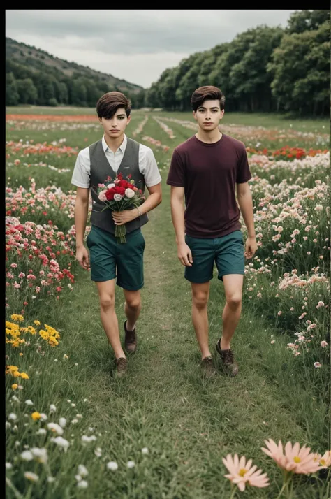 Two comic style boys with semi-short hair in a landscape with fallen flowers 