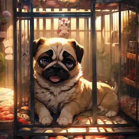 Pug dog puppy、Inside the pet shop、Crying in a cage、Sad expression