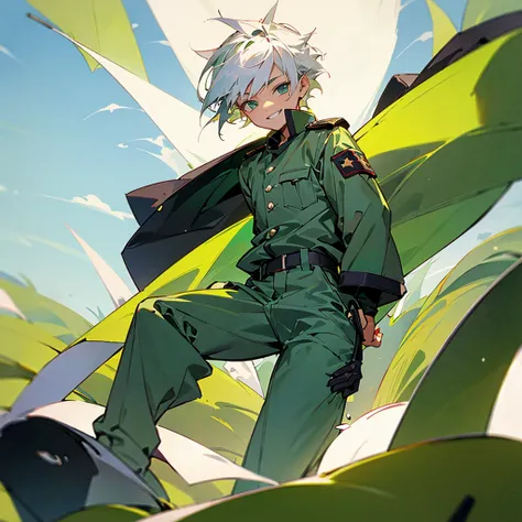 1 young boy aged 14,white hair,Not wearing a shirt,Wear military pants,Green figure,Use wind power,smile