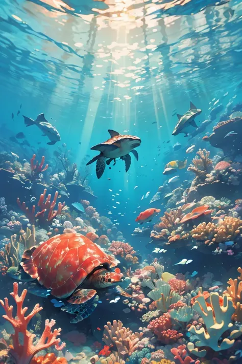 ((masterpiece, highest quality)), breathtaking underwater landscape, seen from the perspective of a diver, colorful corals and a gracefully swimming sea turtle, the water shimmering with light, creating a calming and beautiful environment.

