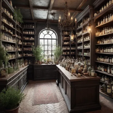 Create an incredibly imaginative and visually stunning image titled "Apothecary YouTube." Imagine a whimsical, magical apothecary shop set in a fantastical world, where an eclectic mix of potions, herbs, and mystical ingredients are displayed. The scene is...