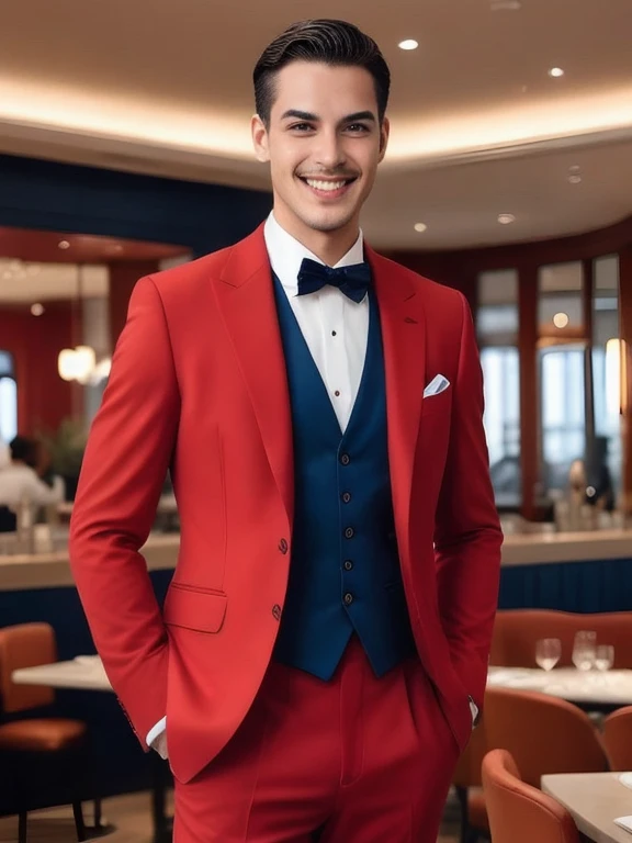 arafed man in a red suit and blue vest standing in a restaurant, wearing red formal attire, red suit, wearing red attire, Handsome and elegant, Dress well, Dress well, wearing a black and red suit, red and black suit, High quality suit, red and blue garmen...