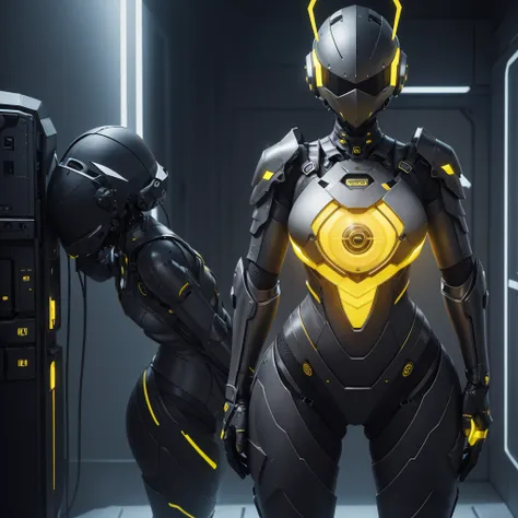 (masterpiece), (best quality), (high res) Solo, (perfect anatomy) Dronificated unknown woman , (enclosed gray full body armor) (yellow lights) (yellow glowing core in the chest), (enclosed cyber helmet), (yellow screen), huge breast, narrow waist, wide hip...