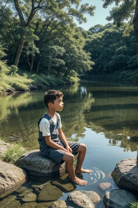 "A high-quality, serene image of a young boy sitting alone by a river. The boy is seated on a rock or the grassy riverbank, looking contemplatively at the flowing water. The scene is peaceful, with lush green trees lining the river and a clear blue sky ove...