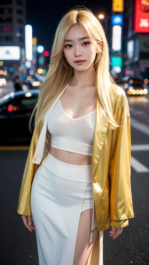 full body shot(8k, photorealistic, RAW photo, highest quality), transparent clarity, Japanese woman, brightest blonde hair, medium-length hair, heavy makeup, light eyebrows, young persons clothing, modest attire, jacket, extremely detailed face, double eye...