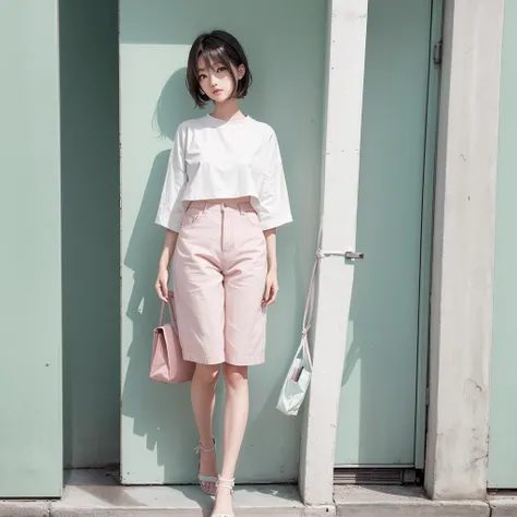 "A minimalist fashion
Instagram post for the Japanese market, featuring a model wearing the latest summer fashion collection.
The background is a light pastel color like soft pink or mint green. Ample whitespace around the central image of the model, creat...