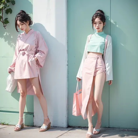 "A minimalist fashion
Instagram post for the Japanese market, featuring a model wearing the latest summer fashion collection.
The background is a light pastel color like soft pink or mint green. Ample whitespace around the central image of the model, creat...