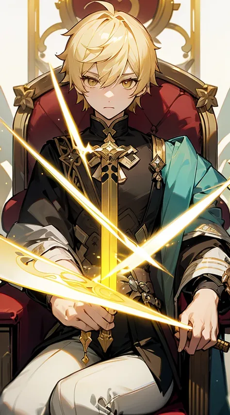 Aether from Genshin Impact. Blonde short hair. golden eyes. 1boy. Sitting on a throne. Holding a sword.