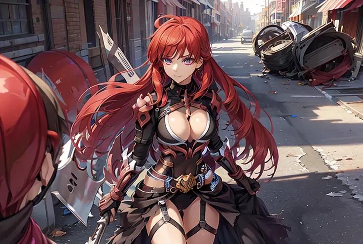 score_9, score_8_up, score_7_up, score_6_up, score_5_up, score_4_up, source_anime, tomboy girl, long hair, Bust Cup B , open-chest outfit, Guillotine Cross Set, breastplate, waist armor, Armor, red hair, golden hair, red eyes blue eyes, Sparkling eyes, wal...