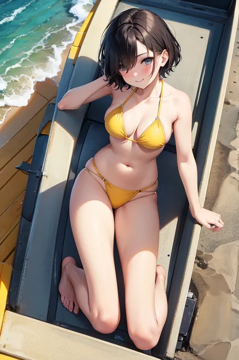 from above,full body shot,Pouty Mouth,Setting diagram,hair over one eye,short wave hair,(Highest quality, masterpiece), One girl ,View your viewers, smile, Yellow Bikini, blush