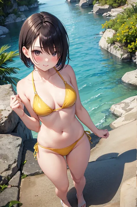 from above,full body shot,Pouty Mouth,Setting diagram,hair over one eye,short wave hair,(Highest quality, masterpiece), One girl ,View your viewers, smile, Yellow Bikini, blush