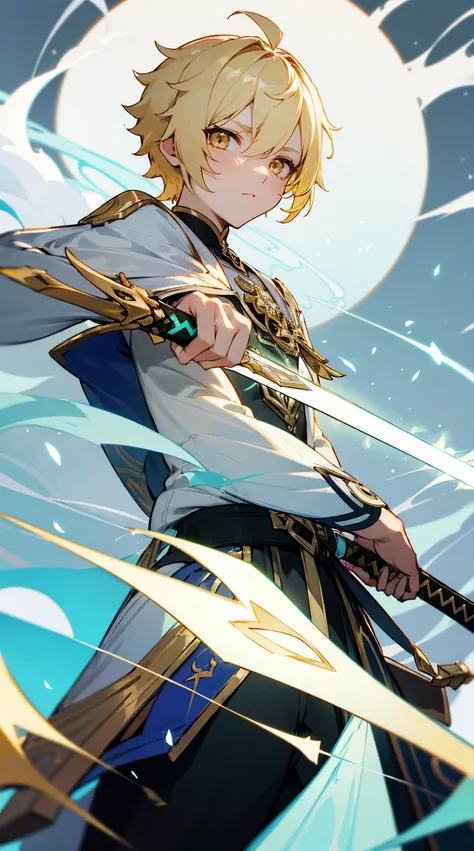 Aether from Genshin Impact. Blonde short hair. Golden Eyes. Holding a sword.