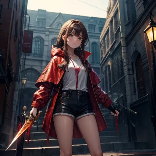 Brown-haired girl wearing a bloody raincoat　　Holding a dagger　Wearing shorts