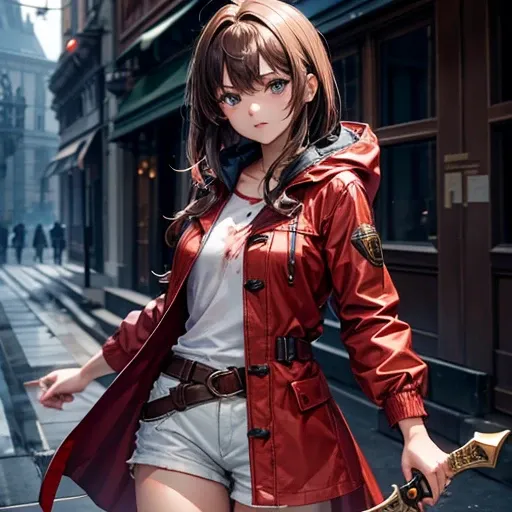 Brown-haired girl wearing a bloody raincoat　　Holding a dagger　Wearing shorts