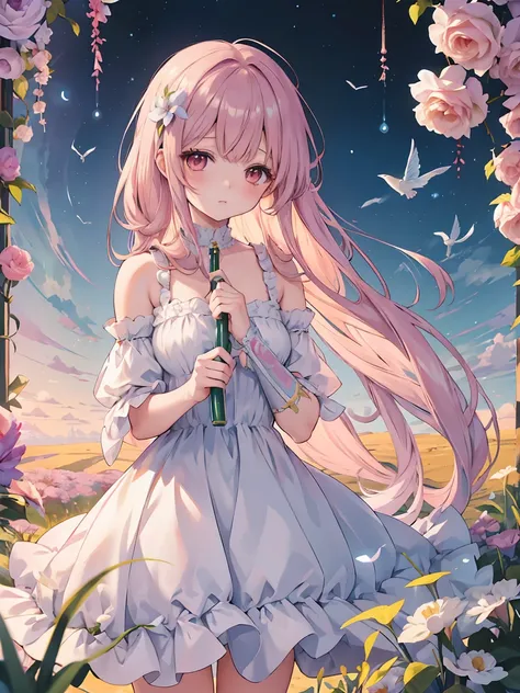 anime-style girl with long hair and flowers, cute anime wife in a nice dress, beautiful anime girls, cute and detailed digital a...