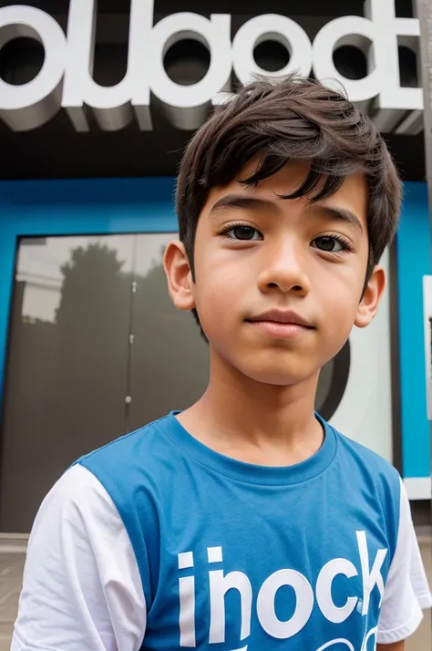 A boy look up outside the big instagram logo