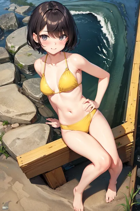 from above,full body shot,Pouty Mouth,Setting diagram,hair over one eye,short wave hair,(Highest quality, masterpiece), One girl ,View your viewers, smile, Yellow Bikini, blush