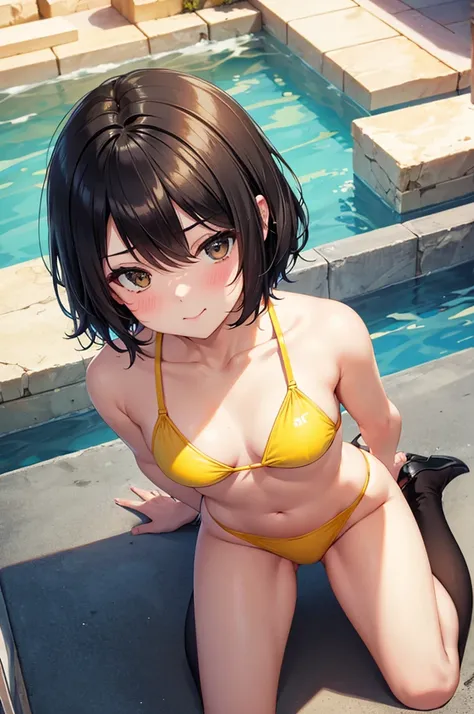 from above,full body shot,Pouty Mouth,Setting diagram,hair over one eye,short wave hair,(Highest quality, masterpiece), One girl ,View your viewers, smile, Yellow Bikini, blush