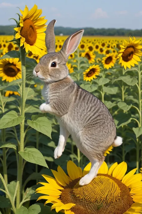 A rabbit animal is hopping around in front of a sunflower