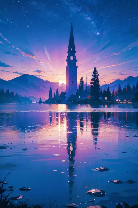 ((masterpiece, highest quality)), magic hour, twilight, lake, water reflection, navy, blue, purple, vermilion, stars, calm, quiet