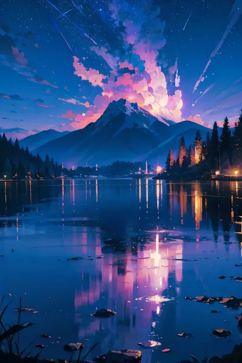 ((masterpiece, highest quality)), magic hour, twilight, lake, water reflection, navy, blue, purple, vermilion, stars, calm, quiet