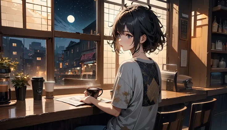 (((from behind))), ((8k of extremely detailed CG unit, Masterpiece, high resolution, highest quality, highest quality real texture skin)), (((indirect lighting))),  (((Cafe with a calm atmosphere))), (((Big window with night sky))), ((Drinking coffee)),  (...